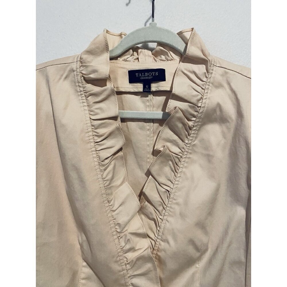 Talbots Jacket Womens 12 Dusty Pink Ruffle Collar Pockets 3/4 Sleeve Cottagecore - Picture 2 of 6